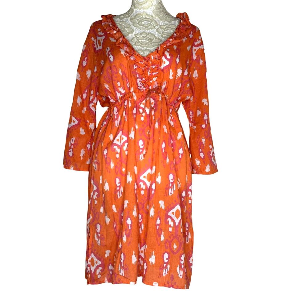 Mud Pie Bag Lady Tribal Linen Cinch Ruffle Mini Dress Tunic Orange S